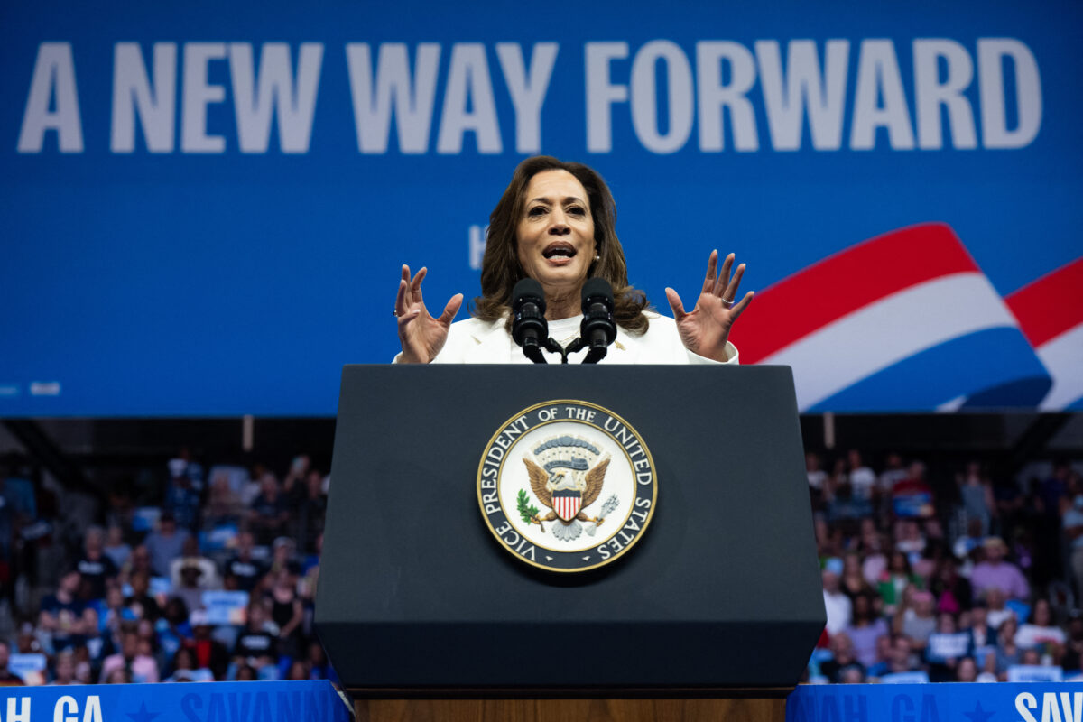 Democratic presidential candidate US Vice President Kamala Harris speaks at a campaign rally at Enmarket Arena during a two-day campaign bus tour in Savannah, Georgia, on August 29, 2024. 