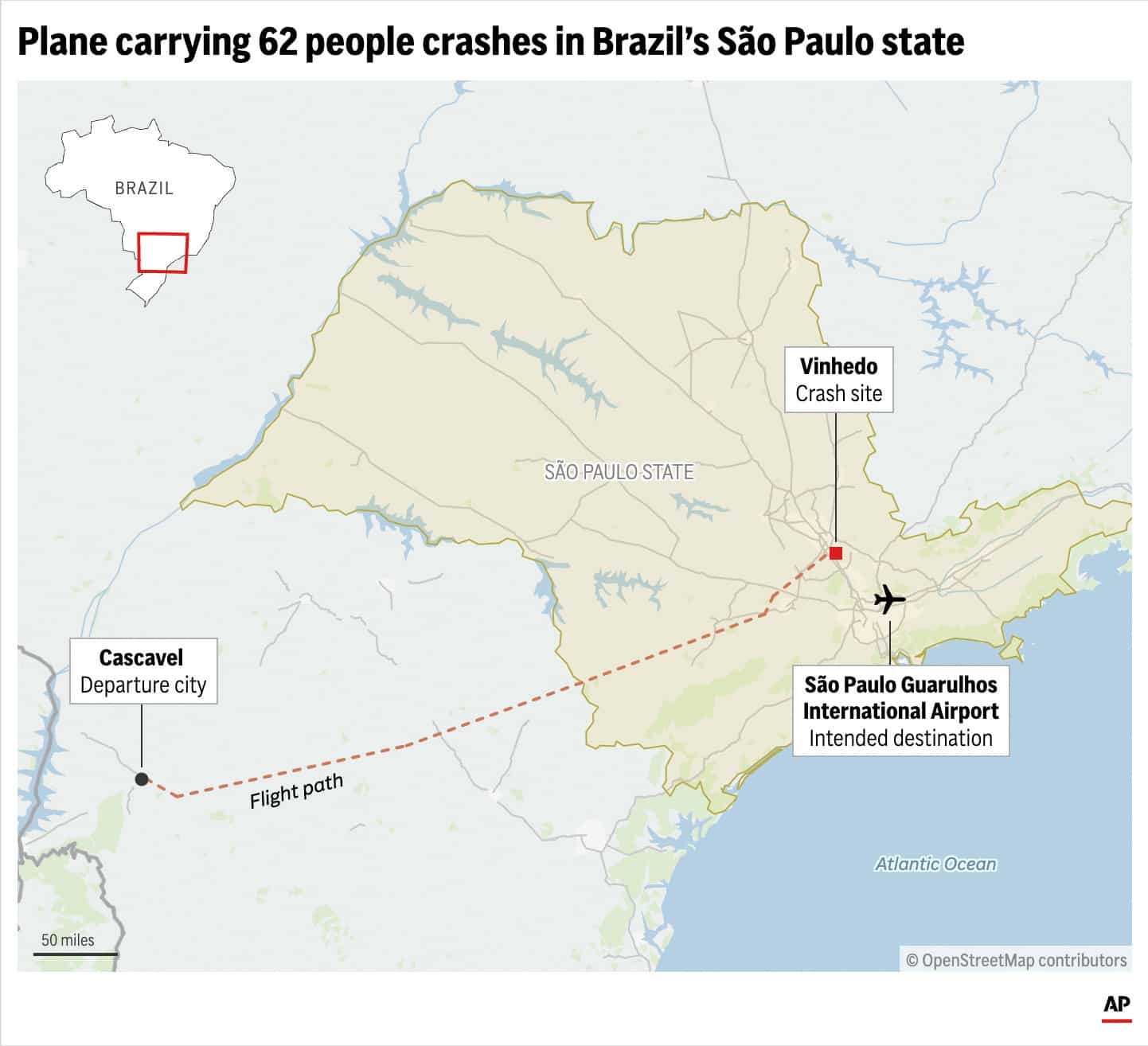 Plane crashes in Brazil, killing all 61 aboard, says airline