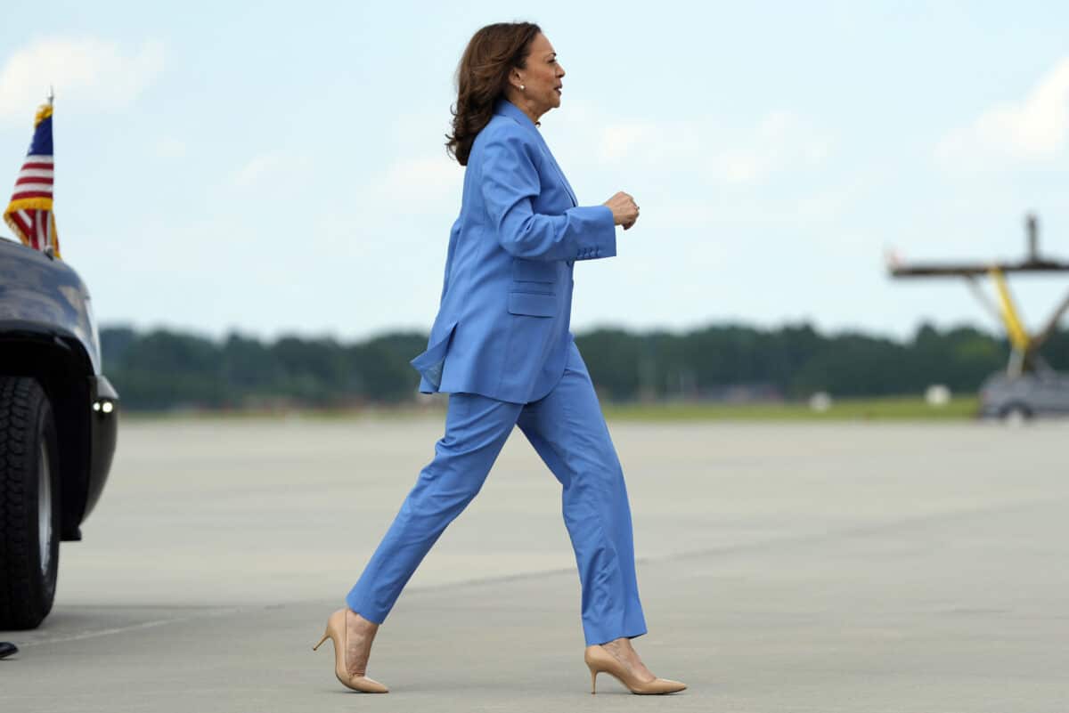 Democratic presidential nominee Vice President Kamala Harris walks to board Air Force Two