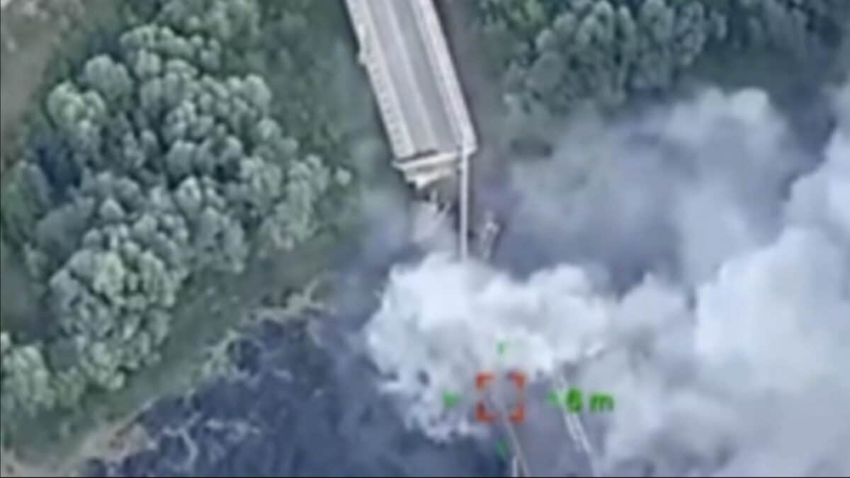 In this photo provided by the Ukrainian Defense Ministry Press Office, a strategically important bridge over the river Seym is destroyed by Ukrainian troops as they continue their incursion into the Kursk region, Russia, Friday, Aug. 16, 2024. 