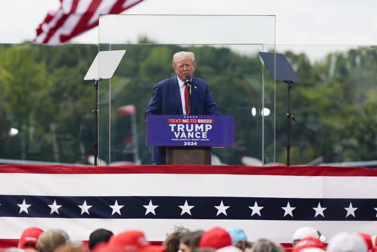 Republican presidential nominee former President Donald Trump speaks during a campaign rally at North Carolina Aviation Museum, Wednesday, Aug. 21, 2024, in Asheboro, N.C. (AP)