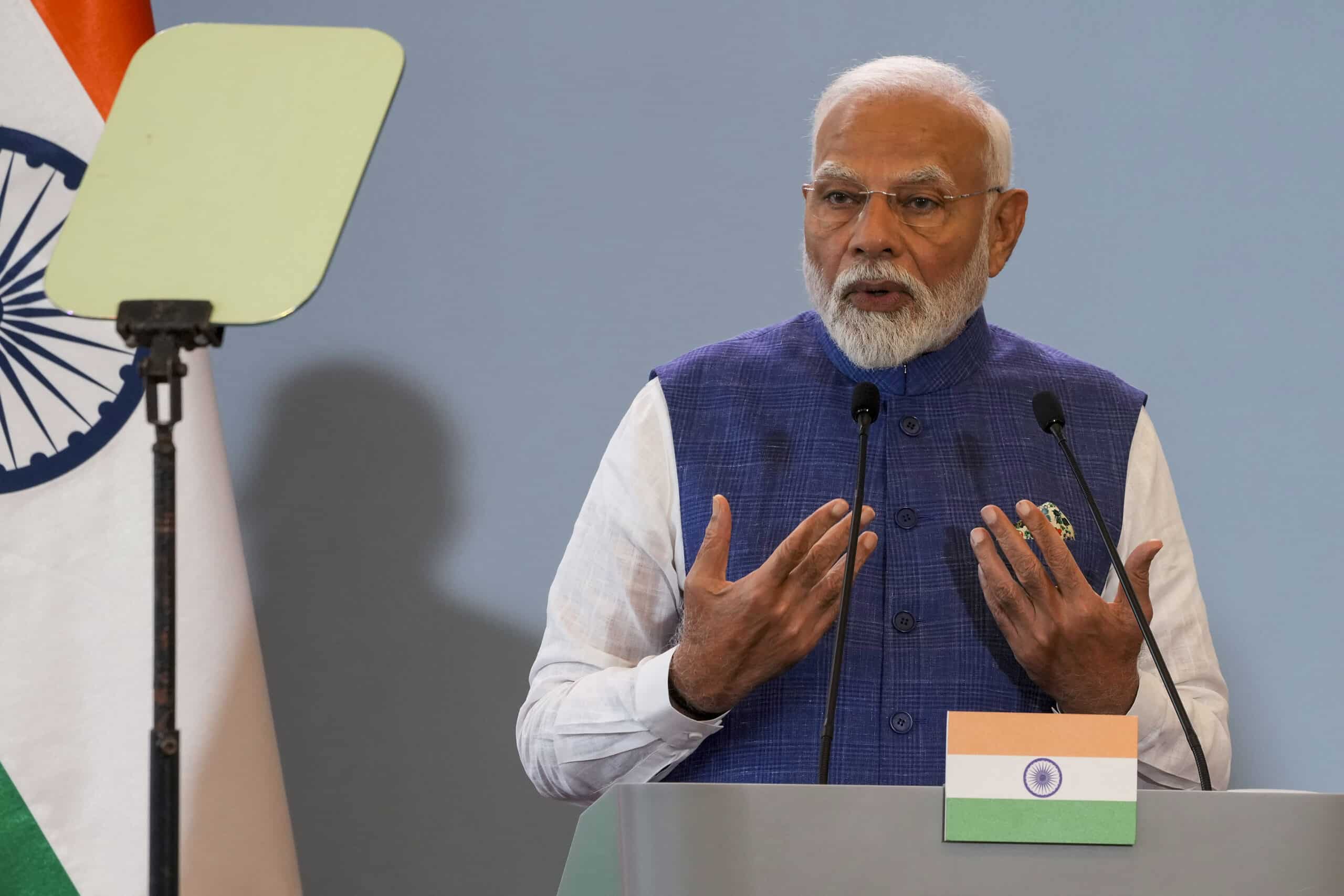 Indian Prime Minister Narendra Modi, along with his his Polish counterpart, Donald Tusk, not in picture, delivers statements to the media following talks in Warsaw, Poland, Thursday, Aug. 22, 2024. AP Photo/Czarek Sokolowski)