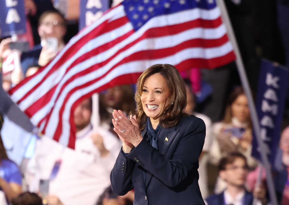 US Vice President and 2024 Democratic presidential candidate Kamala Harris shows her appreciation to her supporters who filled Chicago’s United Center arena to capacity on Thursday, the last day of the Democratic National Convention, when she formally accepted her party’s nomination for president.