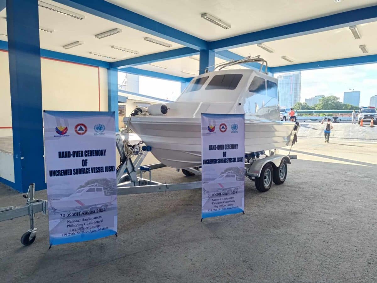 An uncrewed surface vessel (USV) from the United Nations Office on Drugs and Crime’s Global Maritime Crime Program was displayed at Philippine Coast Guard headquarters in Port Area, Manila on Friday, August 30, 2024. PHOTO FROM THE PHILIPPINE COAST GUARD 