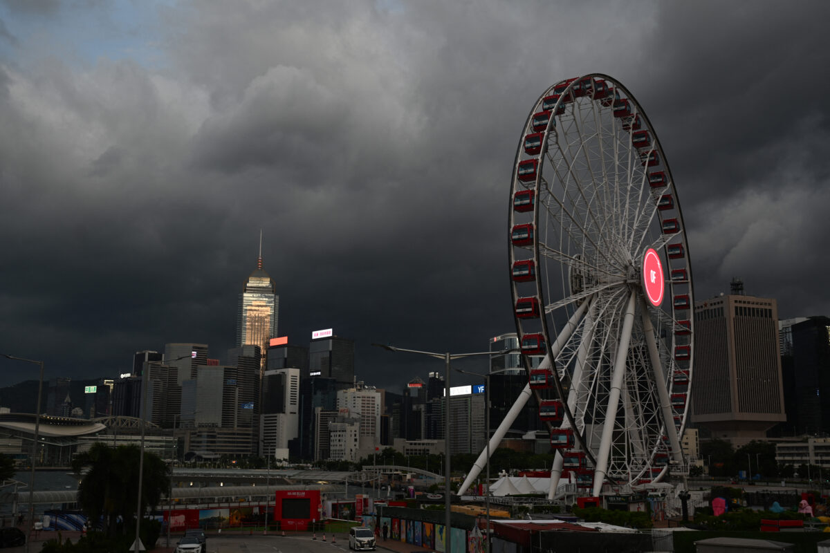 Storm clouds gather over buildings in Hong Kong on September 5, 2024, as super typhoon Yagi tracked across the South China Sea towards the southern China coast.