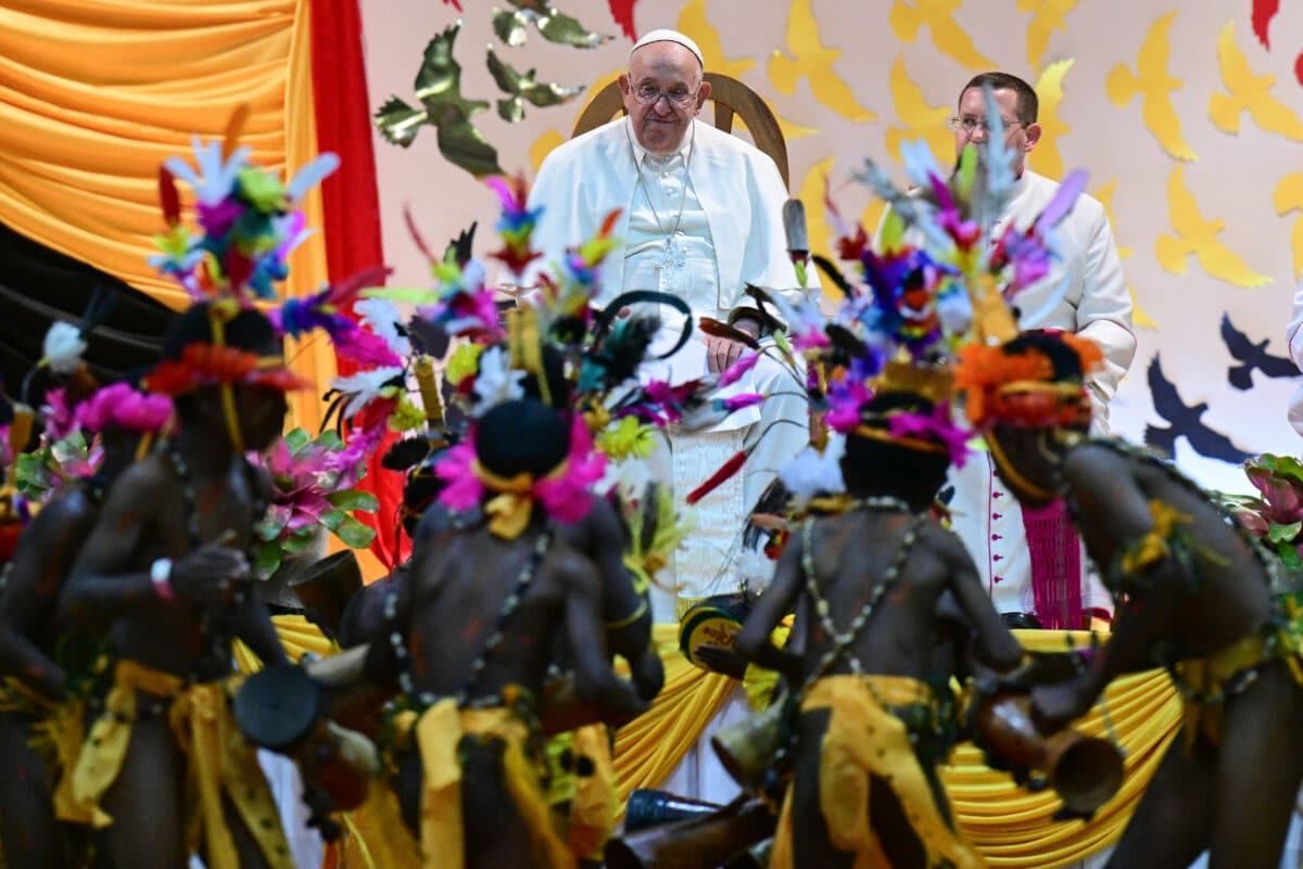 Pope Francis watches performers dance during his visit to Children of Street Ministry and Callan Services at the Caritas Technical Secondary School in Port Moresby on September 7, 2024.