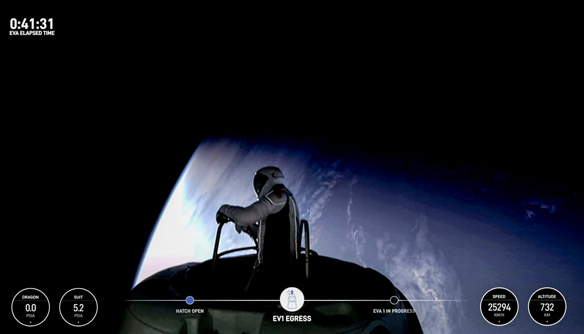 This still image taken from a SpaceX and Polaris broadcast on September 12, 2024, shows US fintech billionaire Jared Isaacman (EV1) peeking out to space from a hatch structure called "Skywalker", during the first private spacewalk performed by the crew of the SpaceX Polaris Dawn mission. - After trekking deeper into space than any humans in the last half-century, a pioneering private crew is set to make history September 12, 2024, with the first-ever spacewalk by non-professional astronauts. The SpaceX Polaris Dawn mission, led by fintech billionaire Jared Isaacman, launched early Tuesday from the Kennedy Space Center in Florida, reaching a peak altitude of 870 miles (1,400 kilometers). (Photo by Polaris Program / AFP) 