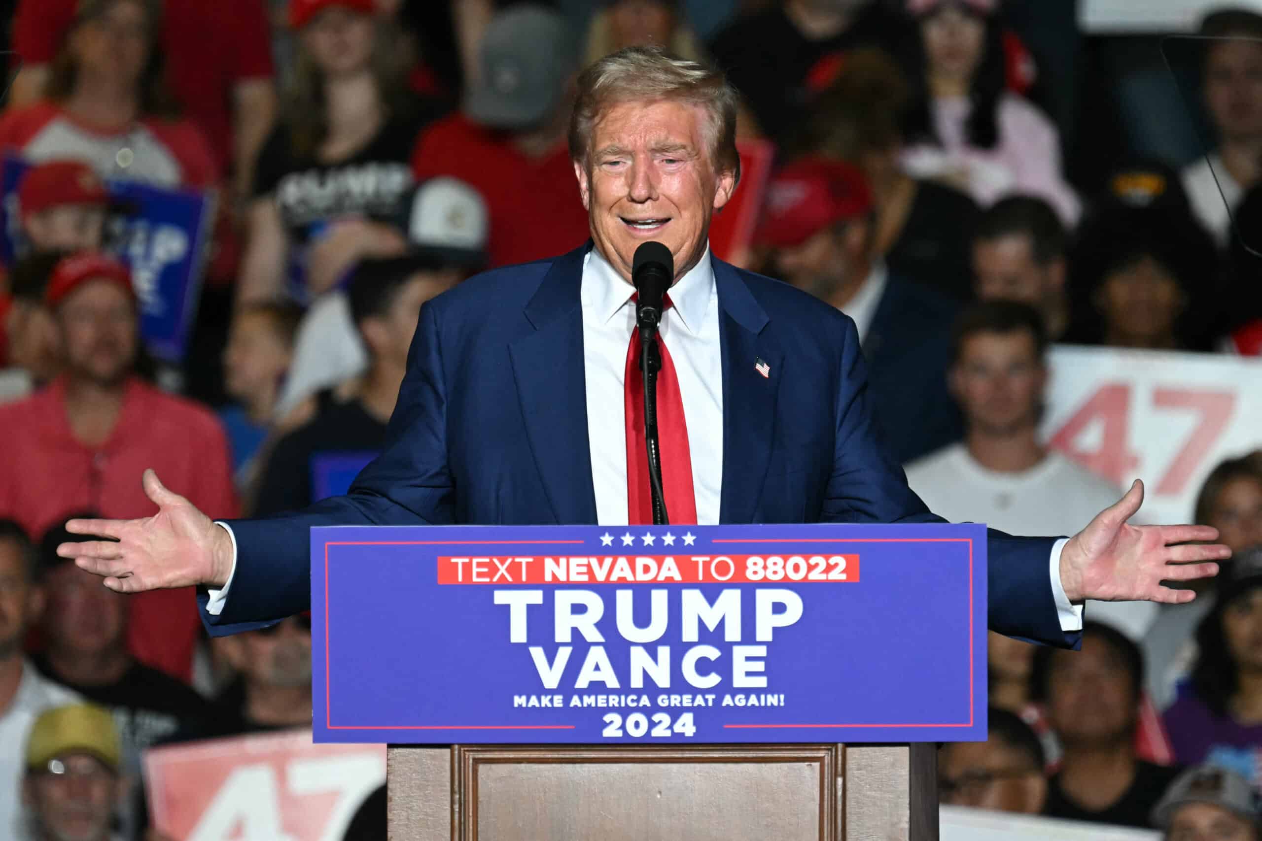 Former US President and Republican presidential candidate Donald Trump speaks during a campaign rally at the Expo World Market Center in Las Vegas, Nevada, on September 13, 2024. (Photo by Patrick T. Fallon / AFP)