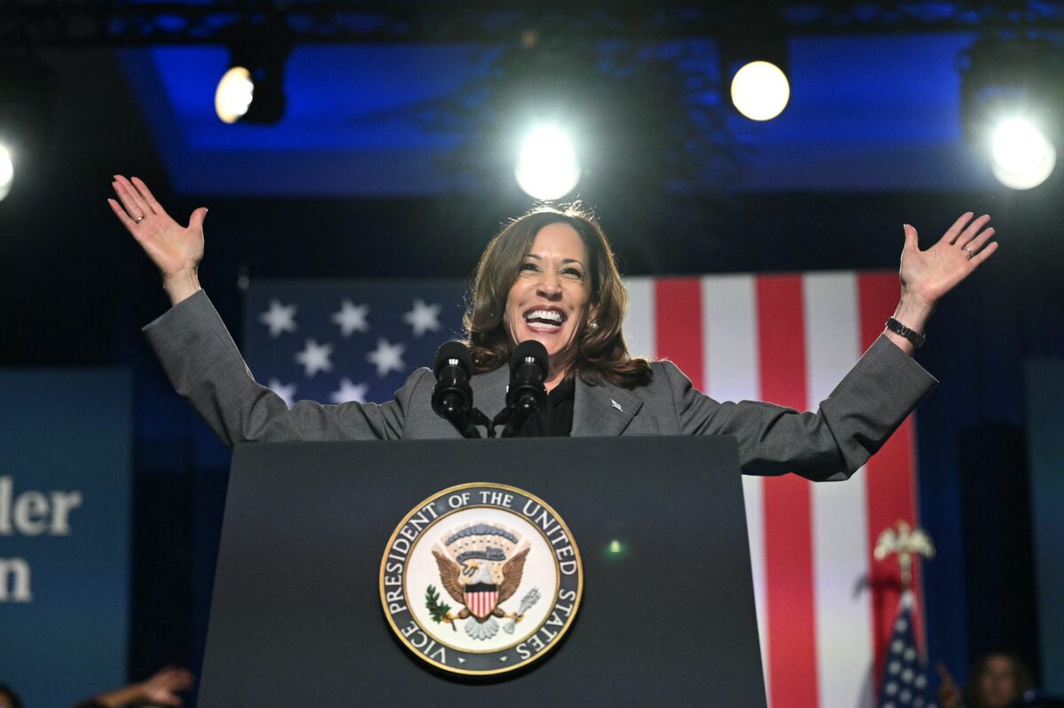 US Vice President and Democratic presidential nominee Kamala Harris speaks about reproductive rights at a campaign event at the Cobb Energy Center in Atlanta, Georgia, on September 20, 2024. 