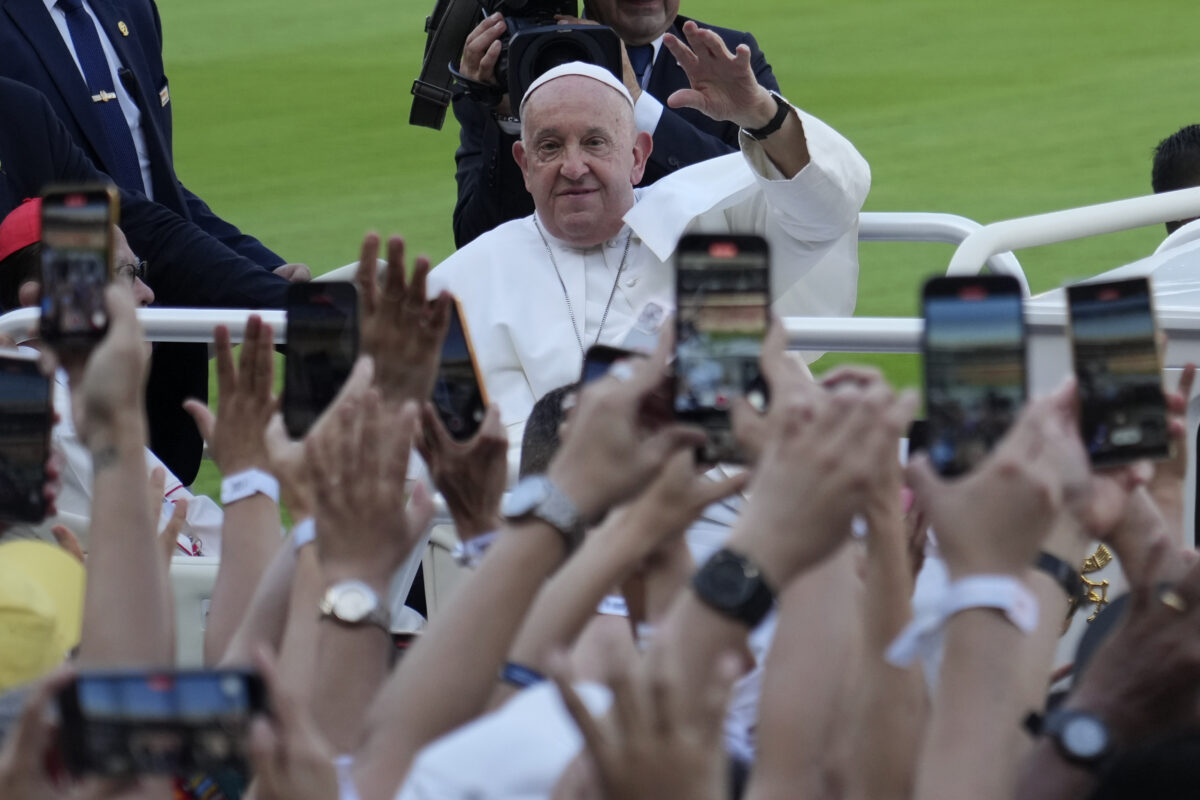 Pope Francis arrives to lead the holy mass at Gelora Bung Karno Stadium in Jakarta, Indonesia, Thursday, Sept. 5, 2024. (AP)