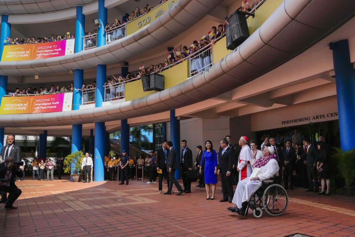 Pope Francis attends an interreligious meeting with young people at the Catholic Junior College in Singapore, Friday, Sept. 13, 2024. Pope Francis is wrapping up his visit to Singapore by praising its tradition of interfaith harmony. (AP Photo)