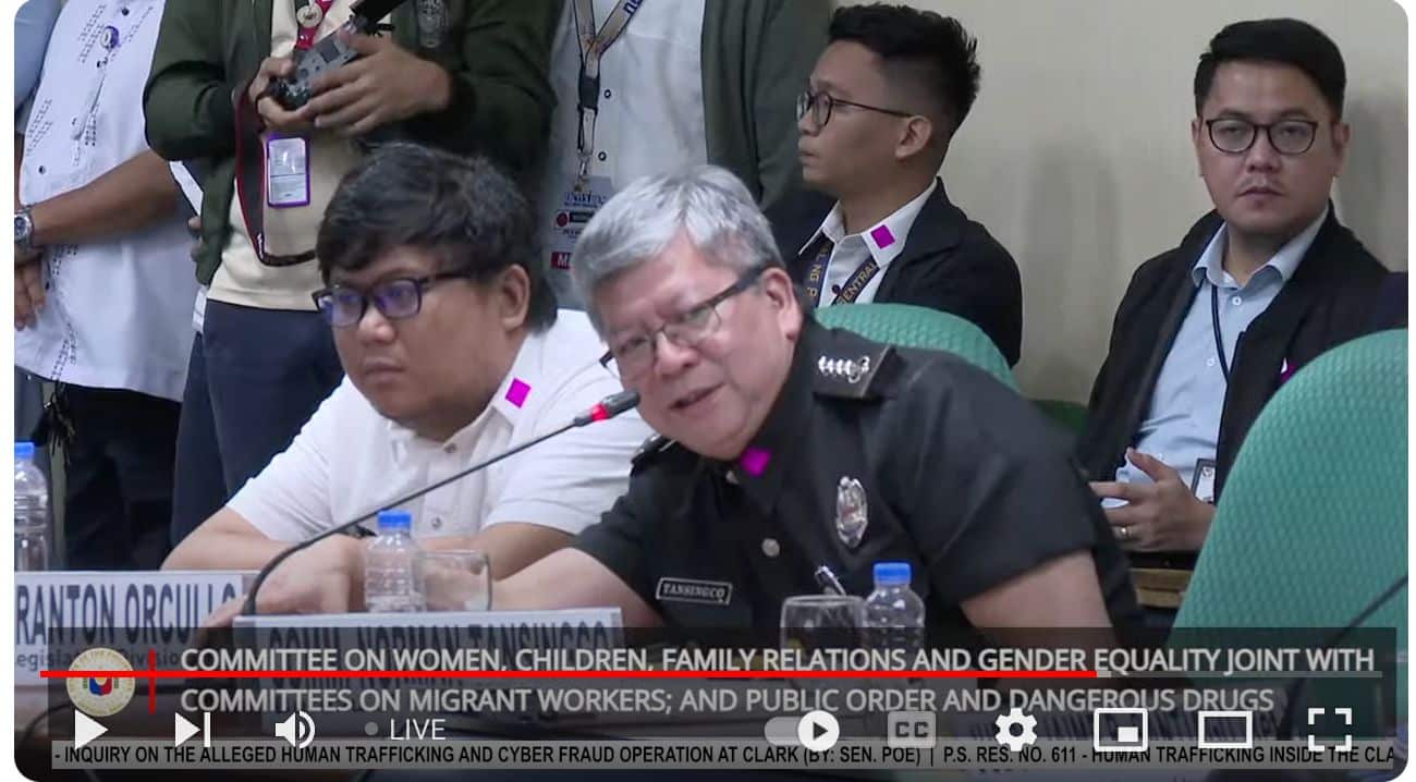 Immigration Commissioner Norman Tansingco attending a Senate hearing on Monday. (Screenshot from the Senate’s Youtube Channel)