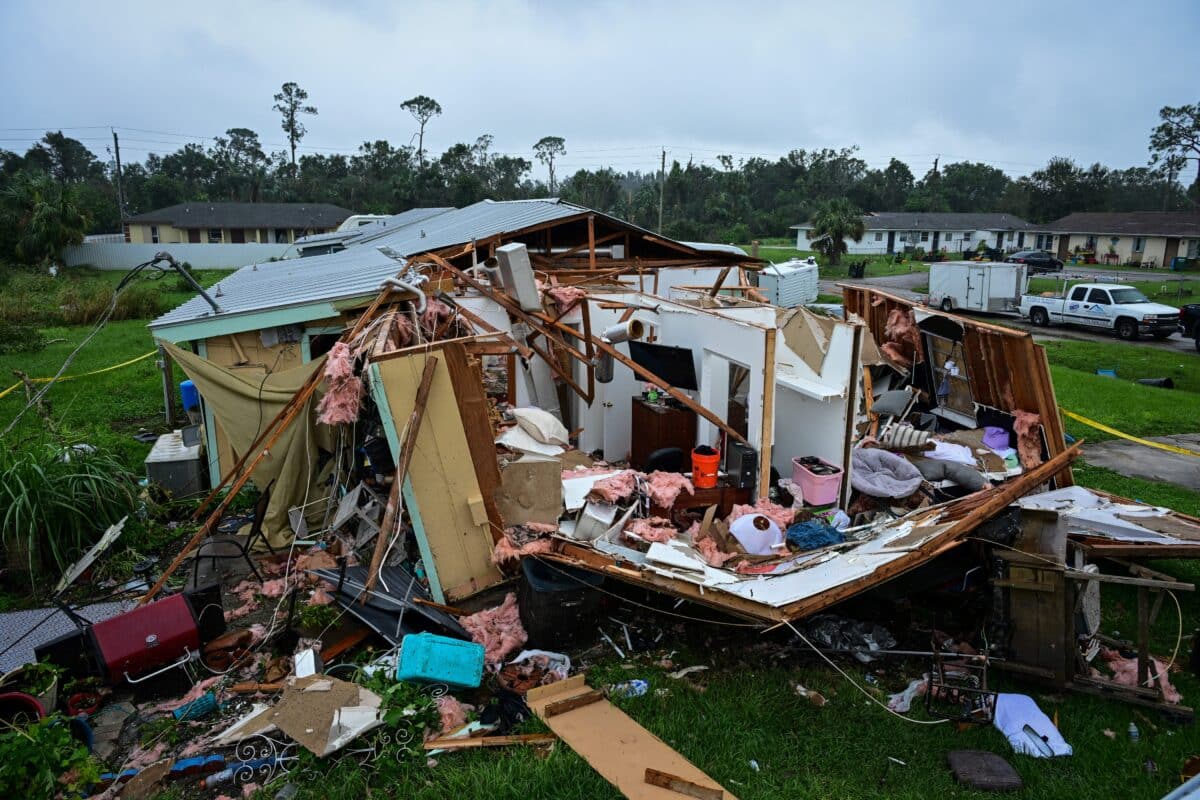 A completely destroyed house is seen in Lakewood Park, Florida, after a tornado hit the area and caused severe damage as Hurricane Milton swept through Florida on October 10, 2024. - At least 10 people were dead after Hurricane Milton smashed into Florida, US authorities said, after the monster weather system sent tornados spinning across the state and flooded swaths of the Tampa Bay area. (Photo by GIORGIO VIERA / AFP)