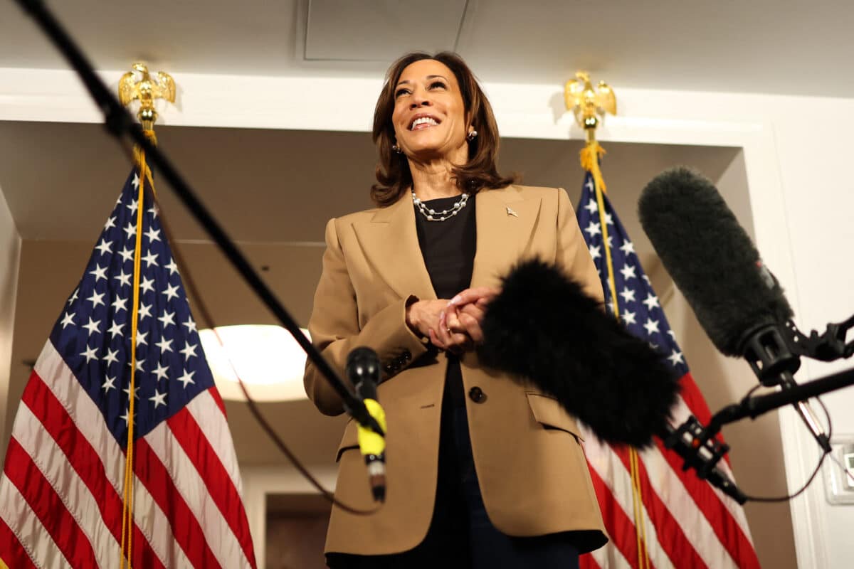 US Vice President and Democratic presidential nominee Kamala Harris speaks to the press in her hotel in Philadelphia, Pennsylvania, October 24, 2024 before leaving to Georgia.