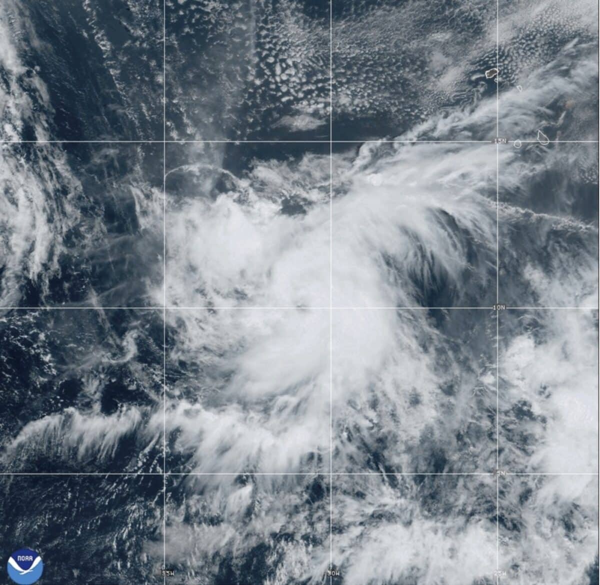 This Satellite image provided by NOAA shows Tropical Storm Leslie, Thursday, Oct. 3, 2024 in the Atlantic Ocean. 