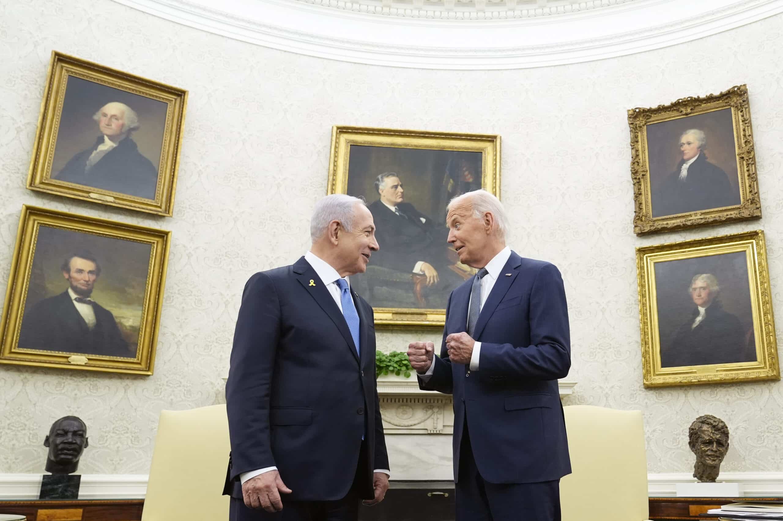 US President Joe Biden, right, talks with Israeli Prime Minister Benjamin Netanyahu, left, in the Oval Office of the White House in Washington, July 25, 2024. U.S. officials say the Biden administration believes it has won assurances from Israel that it will not strike Iranian nuclear or oil sites as it looks to strike back following Iran’s missile barrage earlier this month. The officials, who spoke on condition of anonymity to discuss private diplomatic discussions, cautioned that the pledge is not iron-clad and that circumstances could change. (AP Photo/Susan Walsh, File)