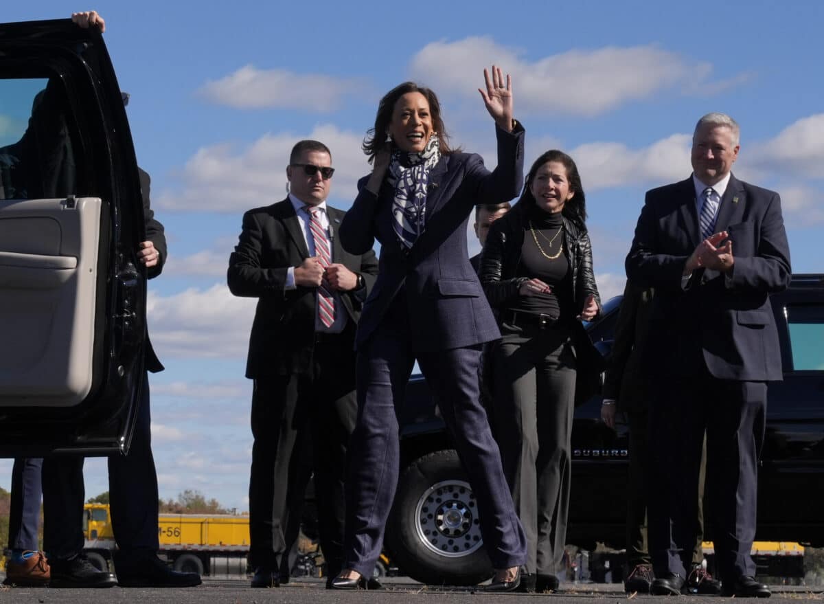 Democratic presidential nominee Vice President Kamala Harris, arrives at Trenton-Mercer Airport, in Mercer County, New Jersey, Wednesday, Oct. 16, 2024, en route to a campaign rally in Pennsylvania. 