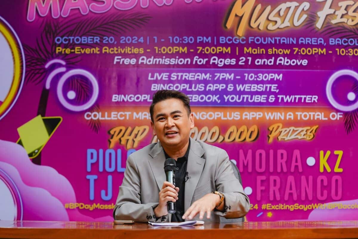 Rafael Jasper Vicencio, President of AB Leisure Exponent Inc. answering questions during the BingoPlus Day Masskara Music Festival 2024 press conference.