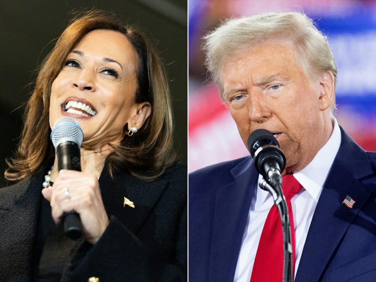 This combination of pictures created on November 4, 2024 showsUS Vice President and Democratic presidential candidate Kamala Harris (L) speaking to volunteers at a canvass kickoff event during a campaign stop at Montage Mountain Resorts in Scranton, Pennsylvania on November 4, 2024 and former US President and Republican presidential candidate Donald Trump speaking during a campaign rally at the J.S. Dorton Arena in Raleigh, North Carolina, on November 4, 2024.