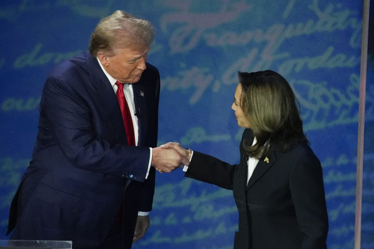 Republican presidential nominee former President Donald Trump and Democratic presidential nominee Vice President Kamala Harris shake hands before the start of an ABC News presidential debate at the National Constitution Center, Tuesday, Sept. 10, 2024, in Philadelphia.