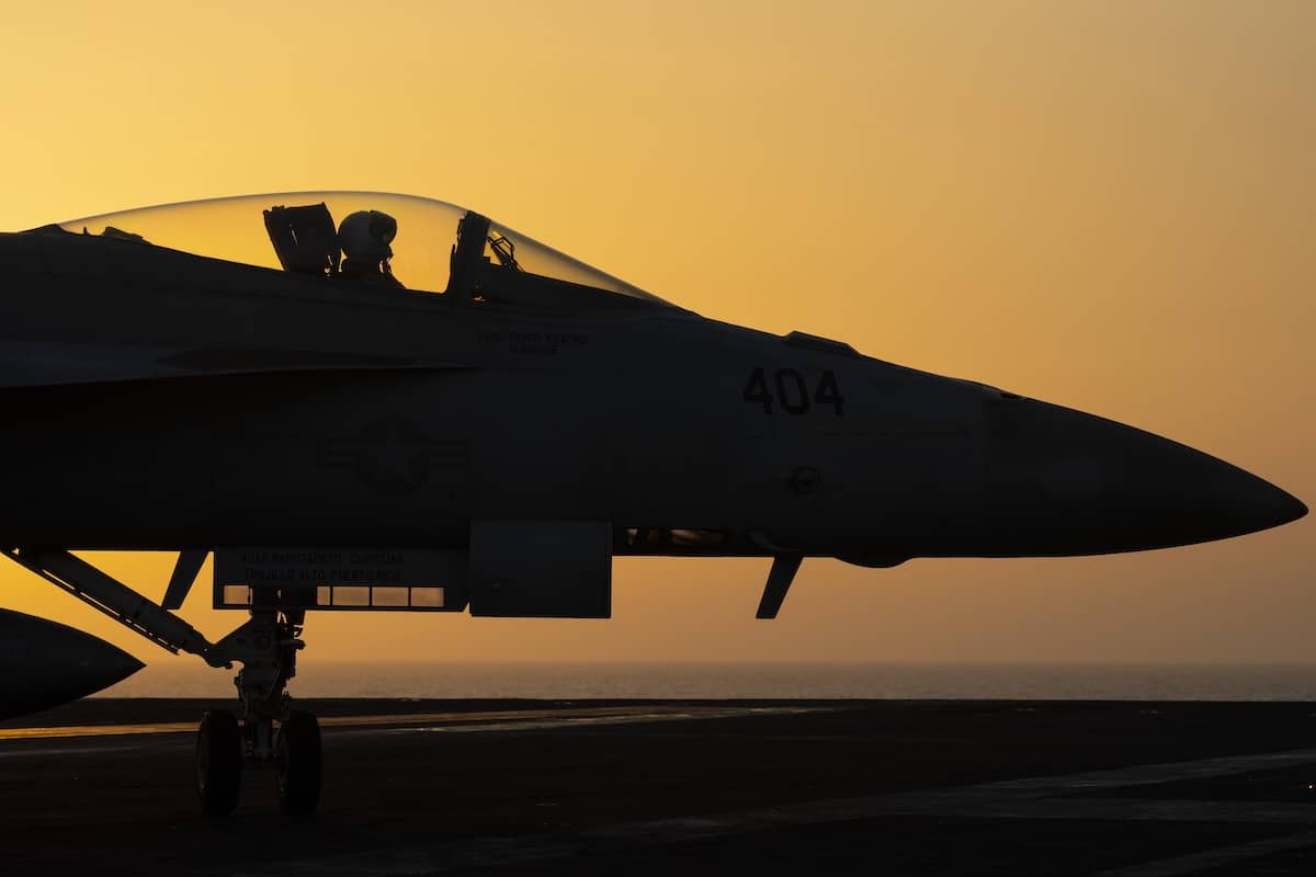 PHOTO: A fighter jet on the deck of the USS Dwight D. Eisenhower FOR STORY: 2 US Navy pilots shot down over Red Sea in ‘friendly fire’ incident