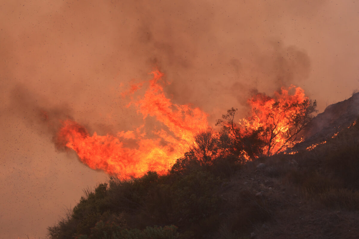 A mountainside burns as the Franklin Fire grows in Malibu, California, on December 10, 2024. - A wind-fanned wildfire quickly spread early on Tuesday in Malibu, threatening homes and businesses in the coastal California community where many Hollywood elites reside. 