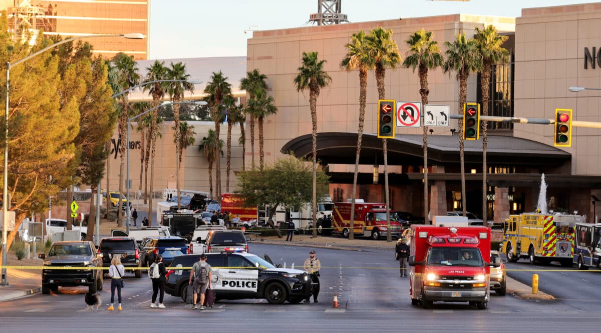 A Las Vegas Metropolitan Police Department vehicle blocks the road near the Trump International Hotel & Tower Las Vegas after a Tesla Cybertruck exploded in front of the entrance on January 01, 2025 in Las Vegas, Nevada. A person who was in the vehicle died and seven people were injured. Authorities are investigating the incident as a possible terrorist attack and are looking for a possible connection to a deadly crash in New Orleans.