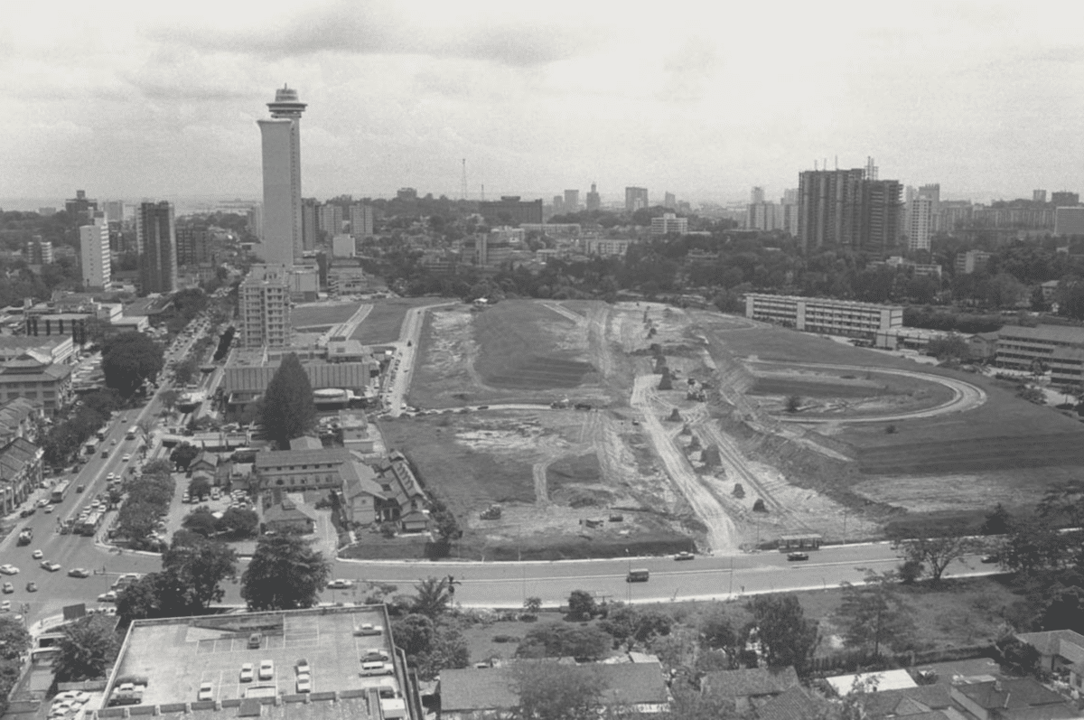 A 1972 photo of the construction of a new road behind Ngee Ann Building through the former Tai Shan Ting cemetery.