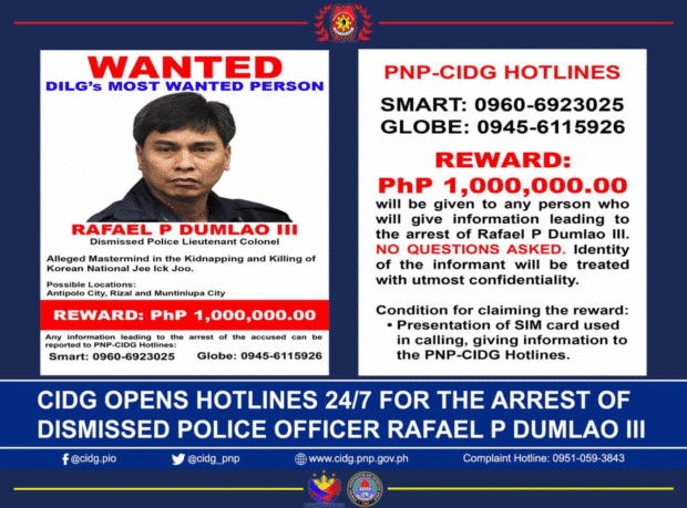 CIDG opens 24/7 hotlines to track down ex-cop linked to Korean's slay