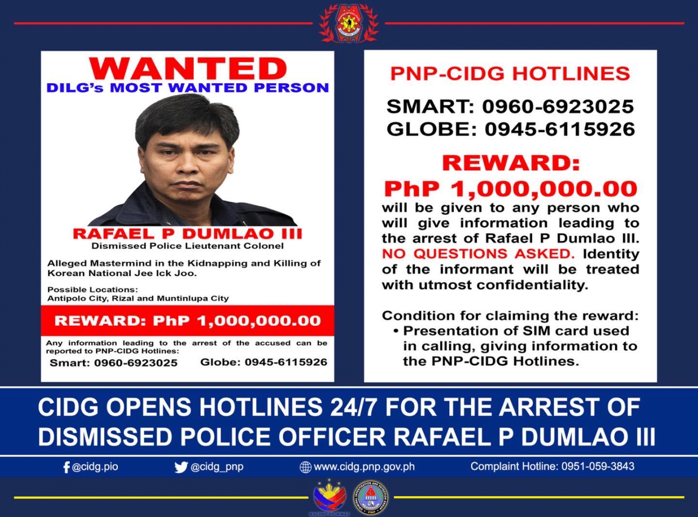CIDG opens 24/7 hotlines to track down ex-cop linked to Korean’s slay