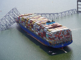 Aerial view of the Dali cargo vessel which crashed into the Francis Scott Key Bridge, causing it to collapse in Baltimore, Maryland, U.S., March 26, 2024.