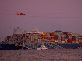 PHOTO: The cargo freighter after it hit the Baltimore bridge