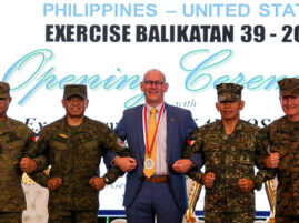 ALLIANCE Philippine military and United States officials lead the opening of the ceremony of this year’s “Balikatan” exercises at Camp Aguinaldo on Monday. Shown from left are Philippine exercise director Maj. Gen Marvin Licudine, AFP chief of staff Gen. Romeo Brawner Jr., US Embassy Charge d’affaires Robert Ewing, Marine Maj. Gen. Noel Beleran and US exercise director Lt. Gen. William Jurney. —LYN RILLON