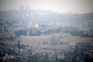 A panoramic view of Jerusalem's Old City is pictured at dawn of April 14, 2024, after Iran launched a drone and missile attack on Israel.