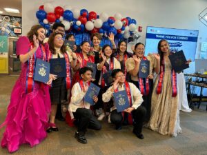 United States Ambassador to the Philippines MaryKay Carlson and the graduates of EducationUSA's College Prep Program happily pose for a group photo after their graduation ceremony held inside the US Embassy compound in Manila on Thursday, May 17, 2024.