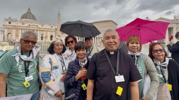 Fr. Rey Matunog of the Archdiocese of Los Angeles leads a group of 46 Filipino American Catholics from Southern California. Photo by Elton Lugay